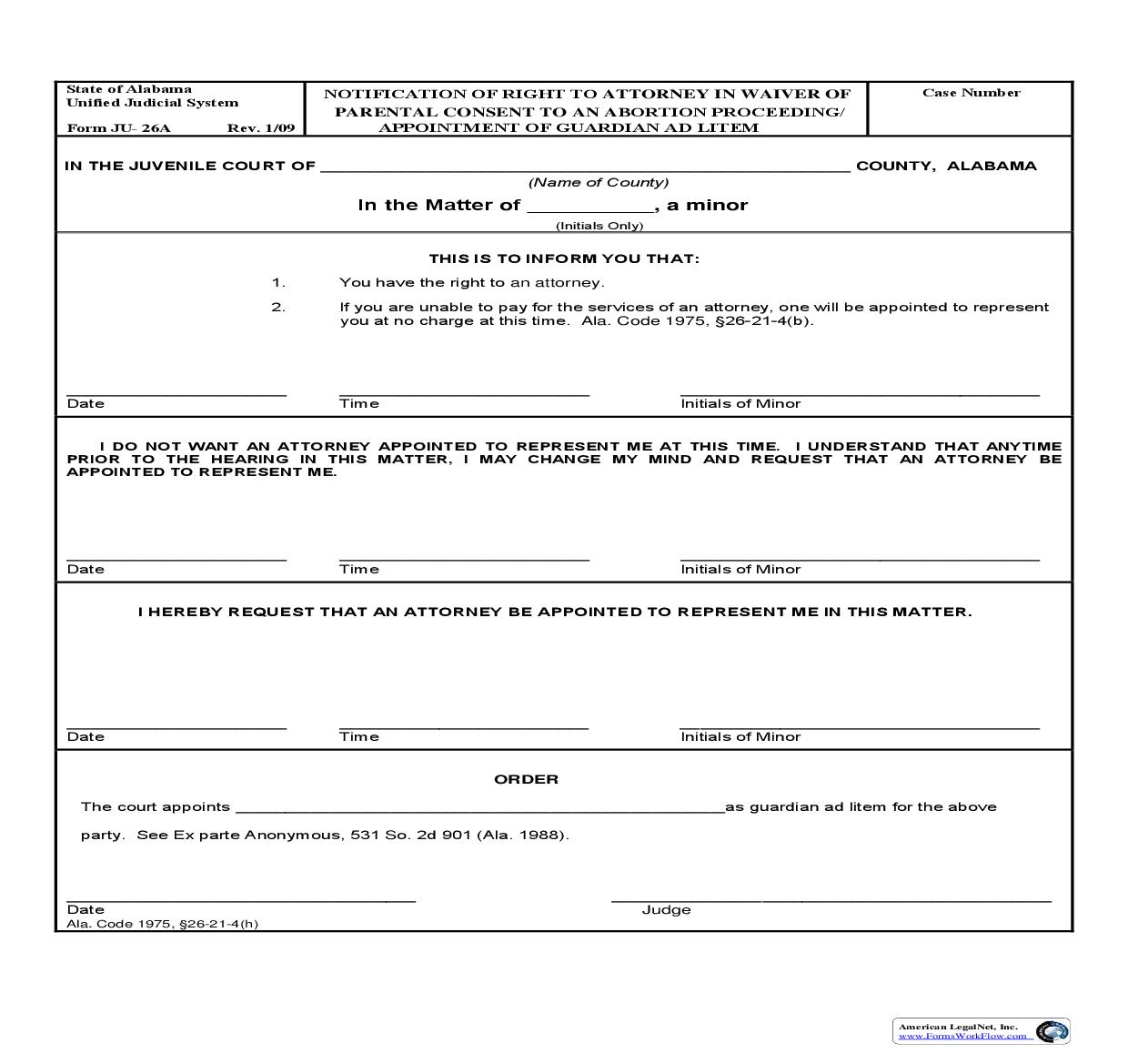 Notification Of Right To Attorney In Waiver Of Parental Consent To An Abortion Proceeding Appointment Of Guardian Ad Litem {JU-26A} | Pdf Fpdf Doc Docx | Alabama