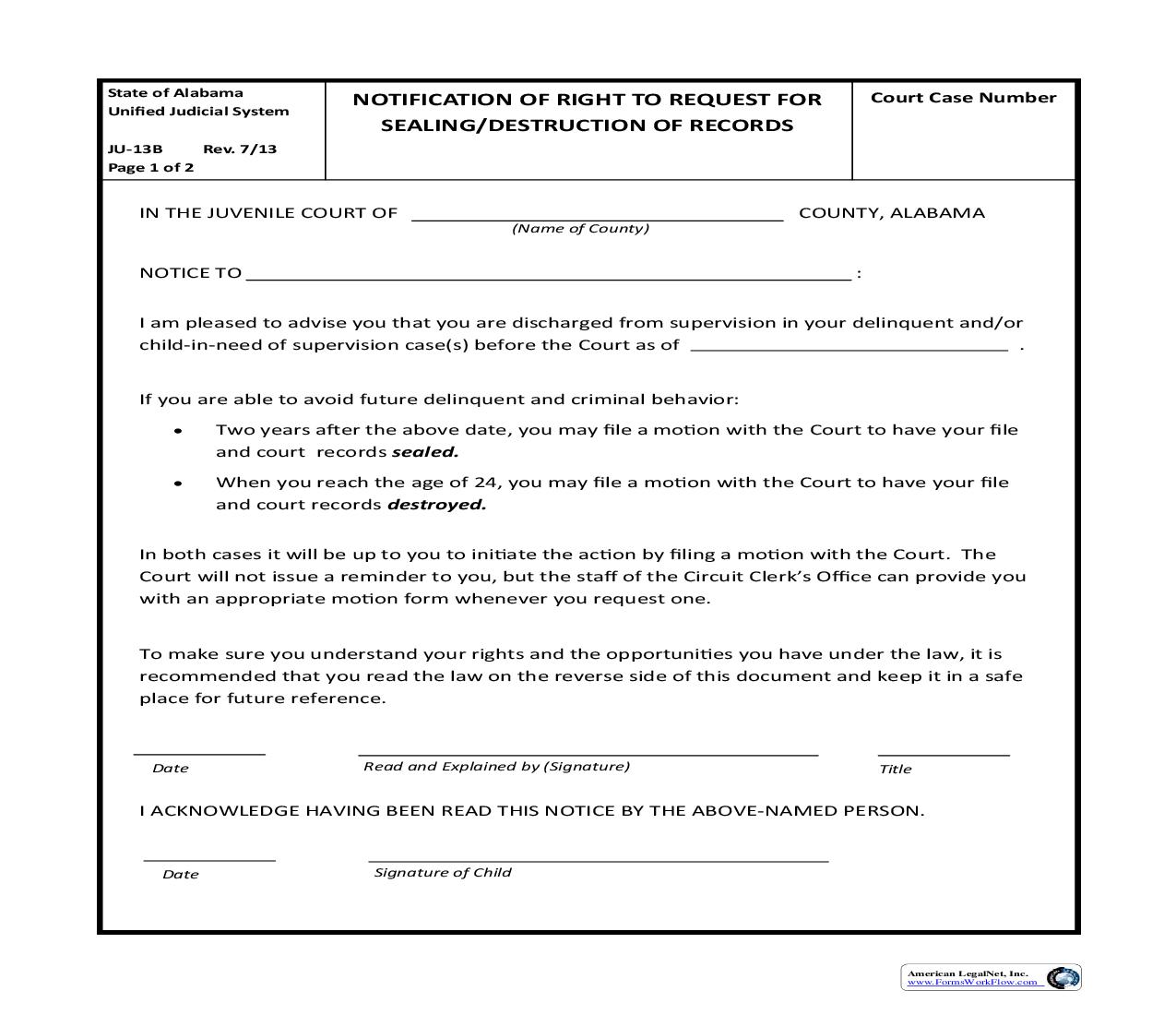 Notification Of Right To Request For Sealing Destruction Of Records {JU-13B} | Pdf Fpdf Doc Docx | Alabama