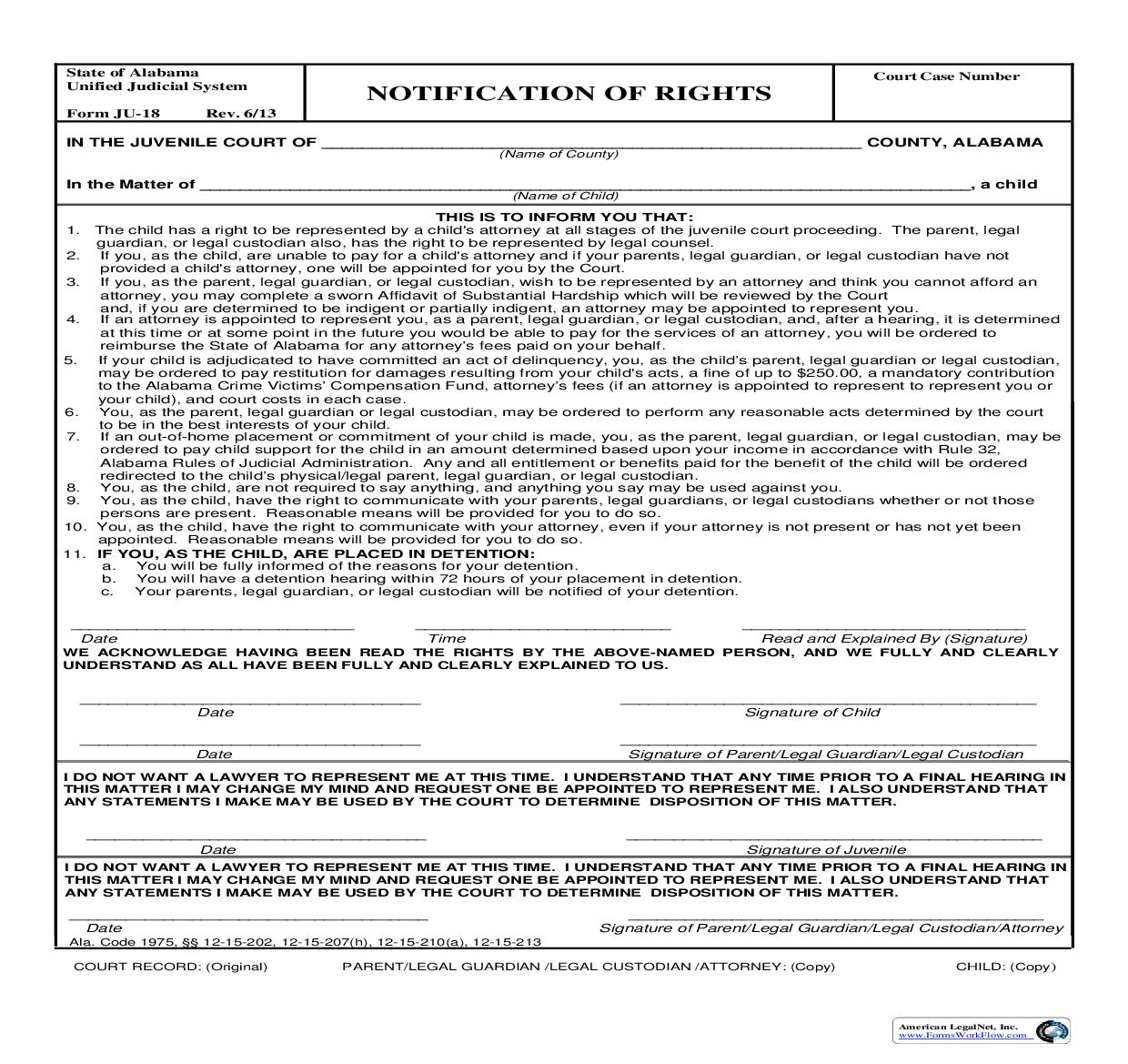 Notification Of Rights {JU-18} | Pdf Fpdf Doc Docx | Alabama