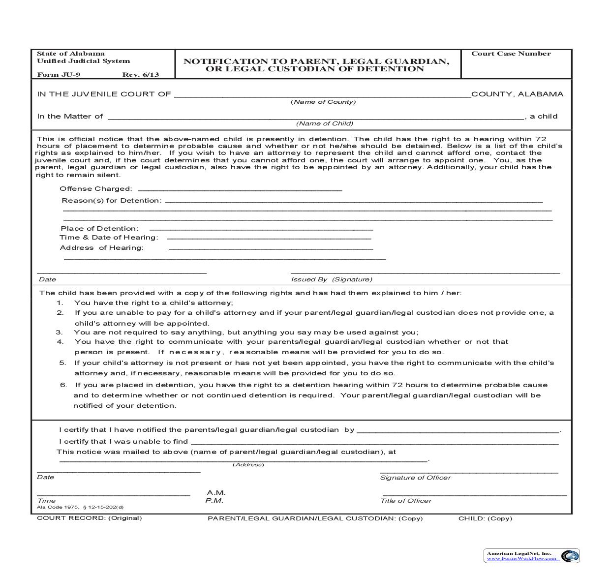 Notification To Parent Guardian Or Custodian Of Detention {JU-09} | Pdf Fpdf Doc Docx | Alabama