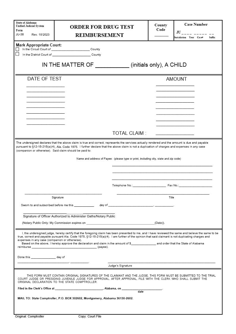 Order For Drug Test Reimbursement {JU 38} | Pdf Fpdf Doc Docx | Alabama