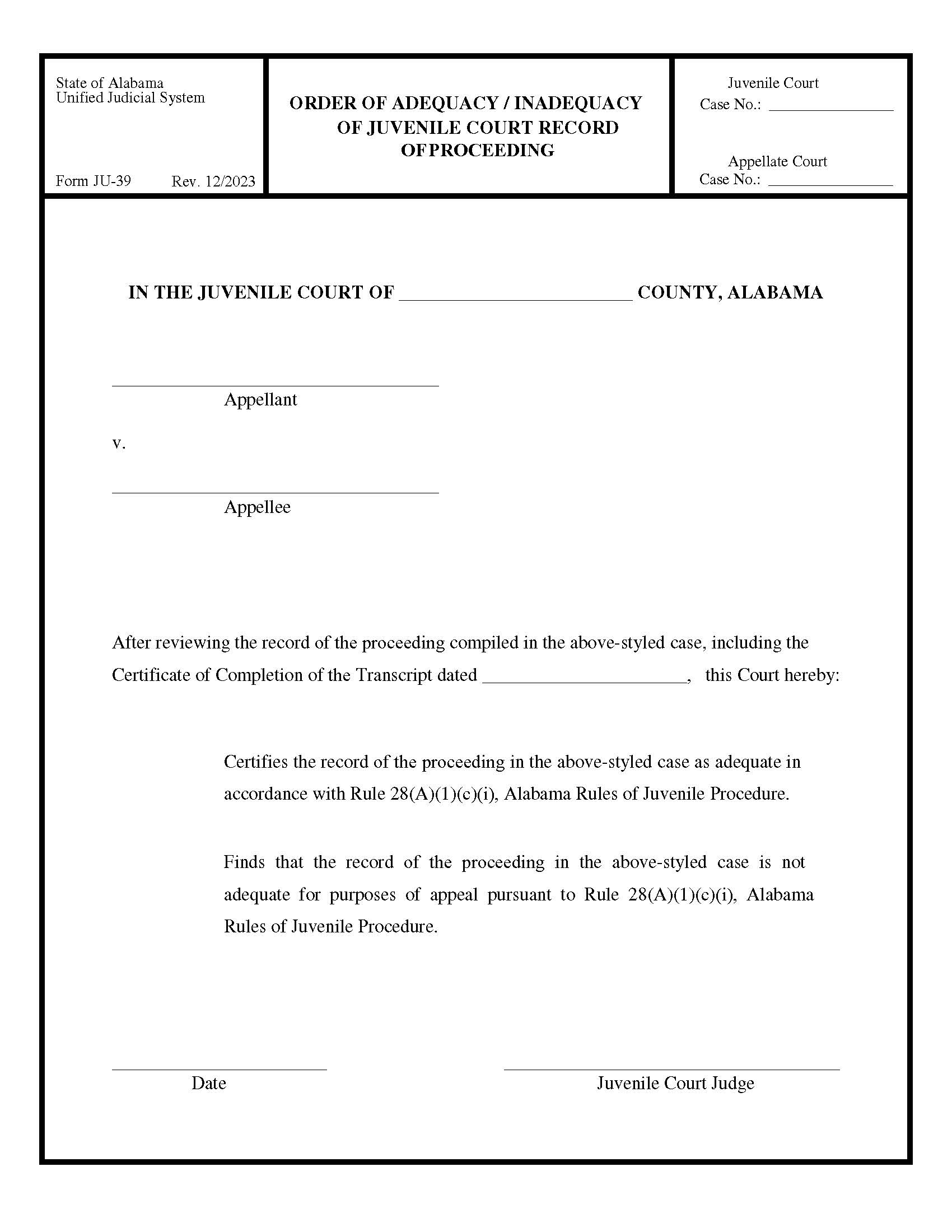 Order Of Adequacy Or Inadequacy Of Juvenile Court Record {JU-39} | Pdf Fpdf Docx | Alabama