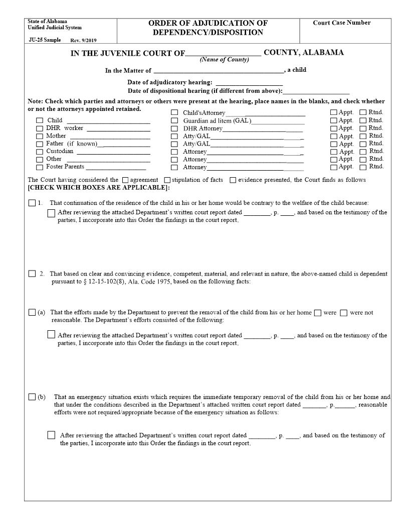 Order Of Adjudication Of Dependency Disposition Modification {JU-25} | Pdf Fpdf Doc Docx | Alabama