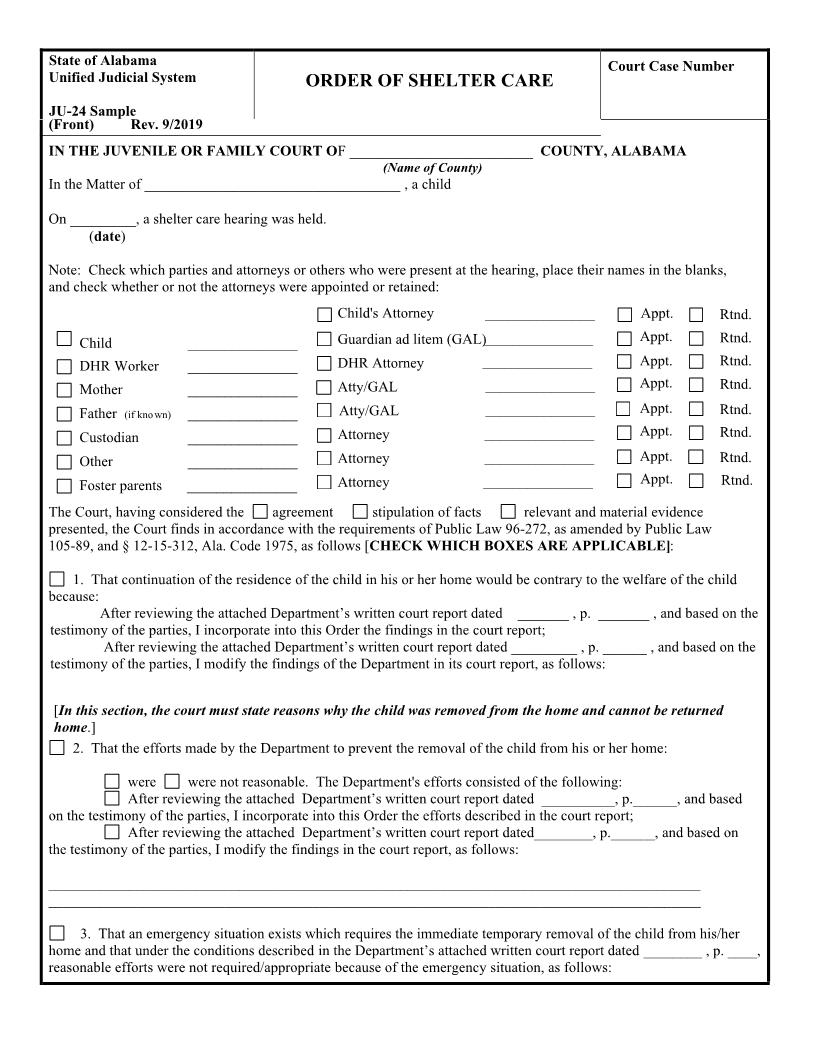 Order Of Shelter Care {JU-24} | Pdf Fpdf Doc Docx | Alabama