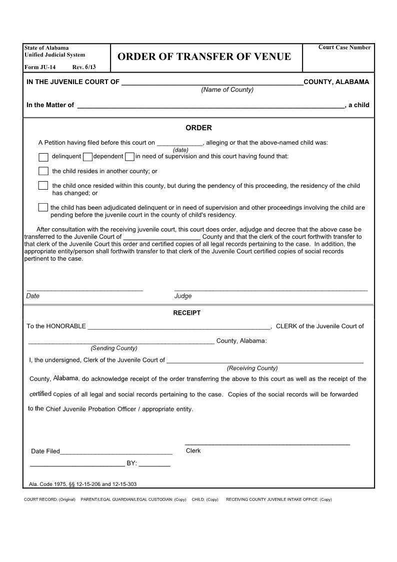 Order Of Transfer Of Venue {JU-14} | Pdf Fpdf Doc Docx | Alabama