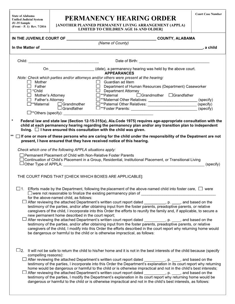 Permanency Hearing Order APPLA {JU-35} | Pdf Fpdf Doc Docx | Alabama
