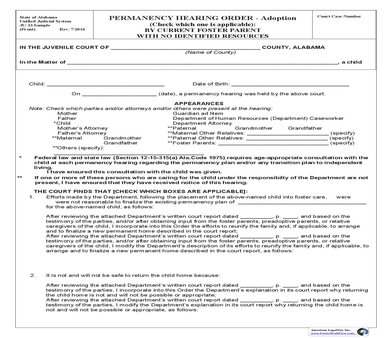 Permanency Hearing Order Adoption {JU-33} | Pdf Fpdf Doc Docx | Alabama