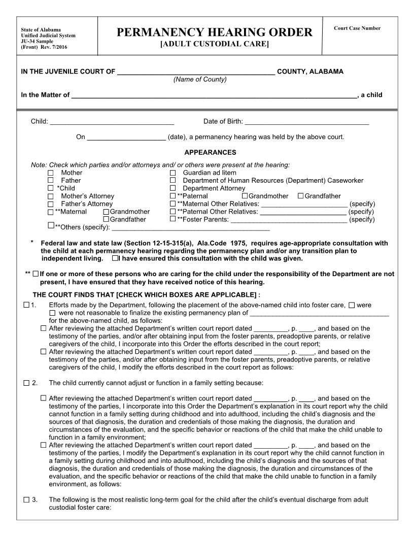Permanency Hearing Order Adult Custodial Care {JU-34} | Pdf Fpdf Doc Docx | Alabama