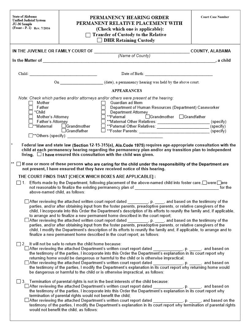 Permanency Hearing Order Permanent Relative Placement {JU-36} | Pdf Fpdf Doc Docx | Alabama