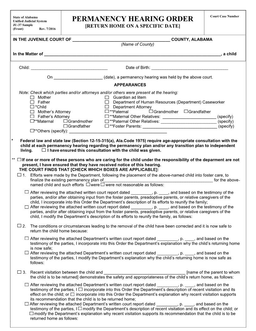 Permanency Hearing Order Return Home {JU-37} | Pdf Fpdf Doc Docx | Alabama