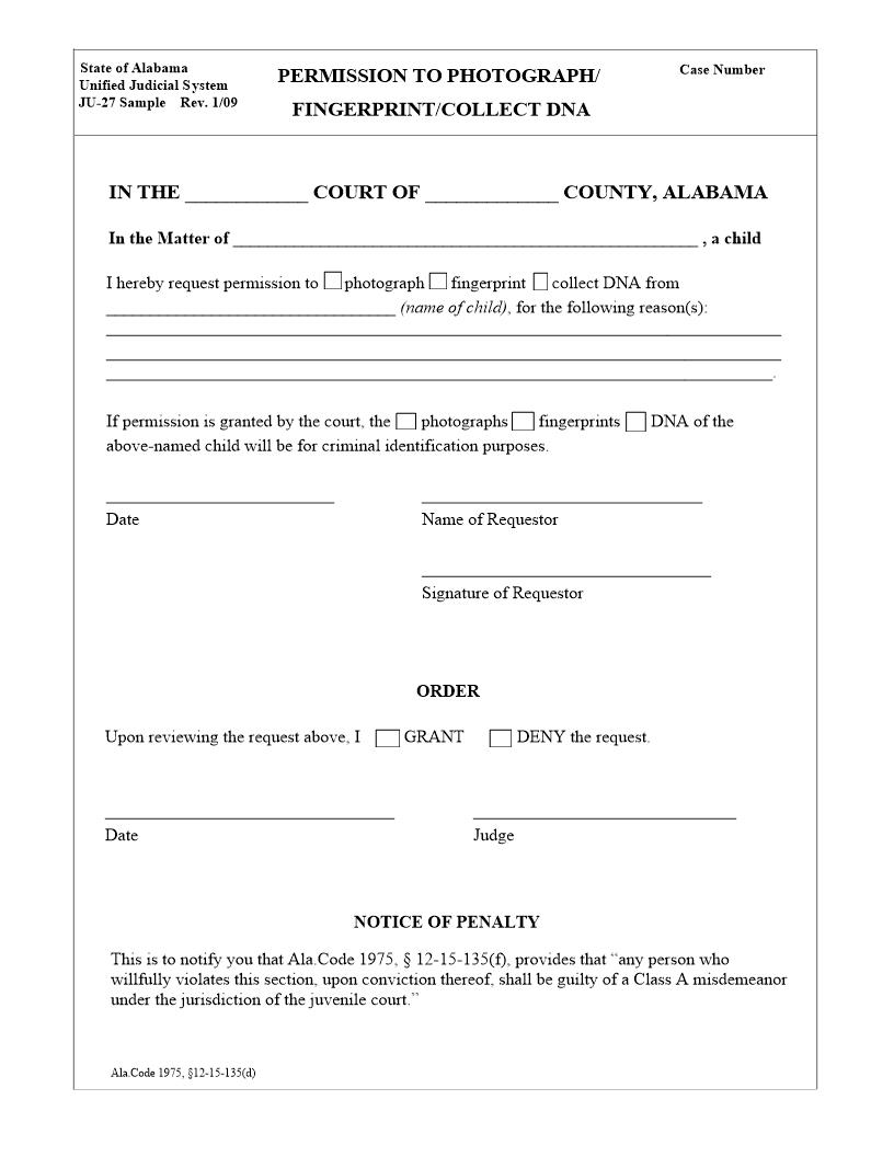 Permission To Photograph Fingerprint Collect DNA {JU 27} | Pdf Fpdf Doc Docx | Alabama