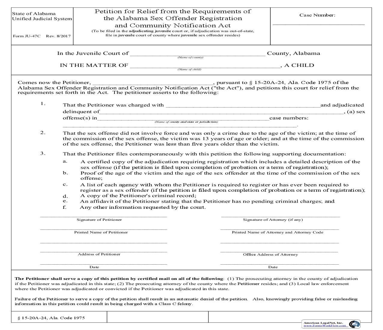 Petition For Relief From Registration And Notification Under The {JU-47C} | Pdf Fpdf Docx | Alabama