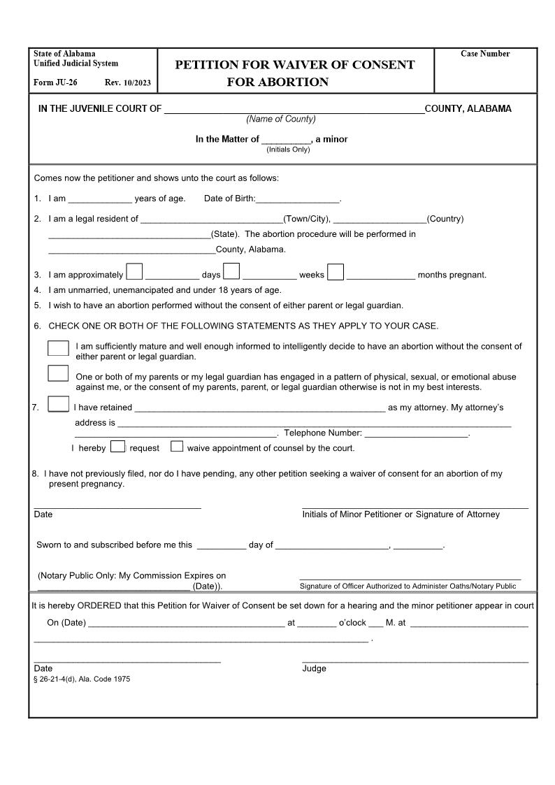 Petition For Waiver Of Consent For Abortion {JU-26} | Pdf Fpdf Doc Docx | Alabama