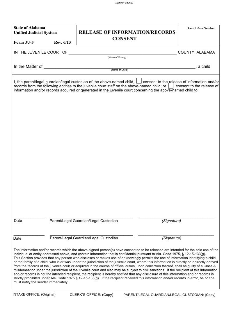 Release Of Information, Records Consent {JU-03} | Pdf Fpdf Doc Docx | Alabama