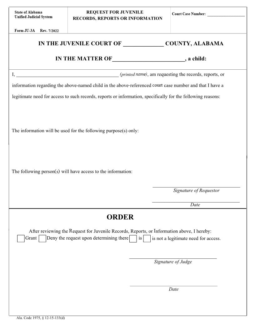 Request For Juvenile Records {JU-3A} | Pdf Fpdf Docx | Alabama