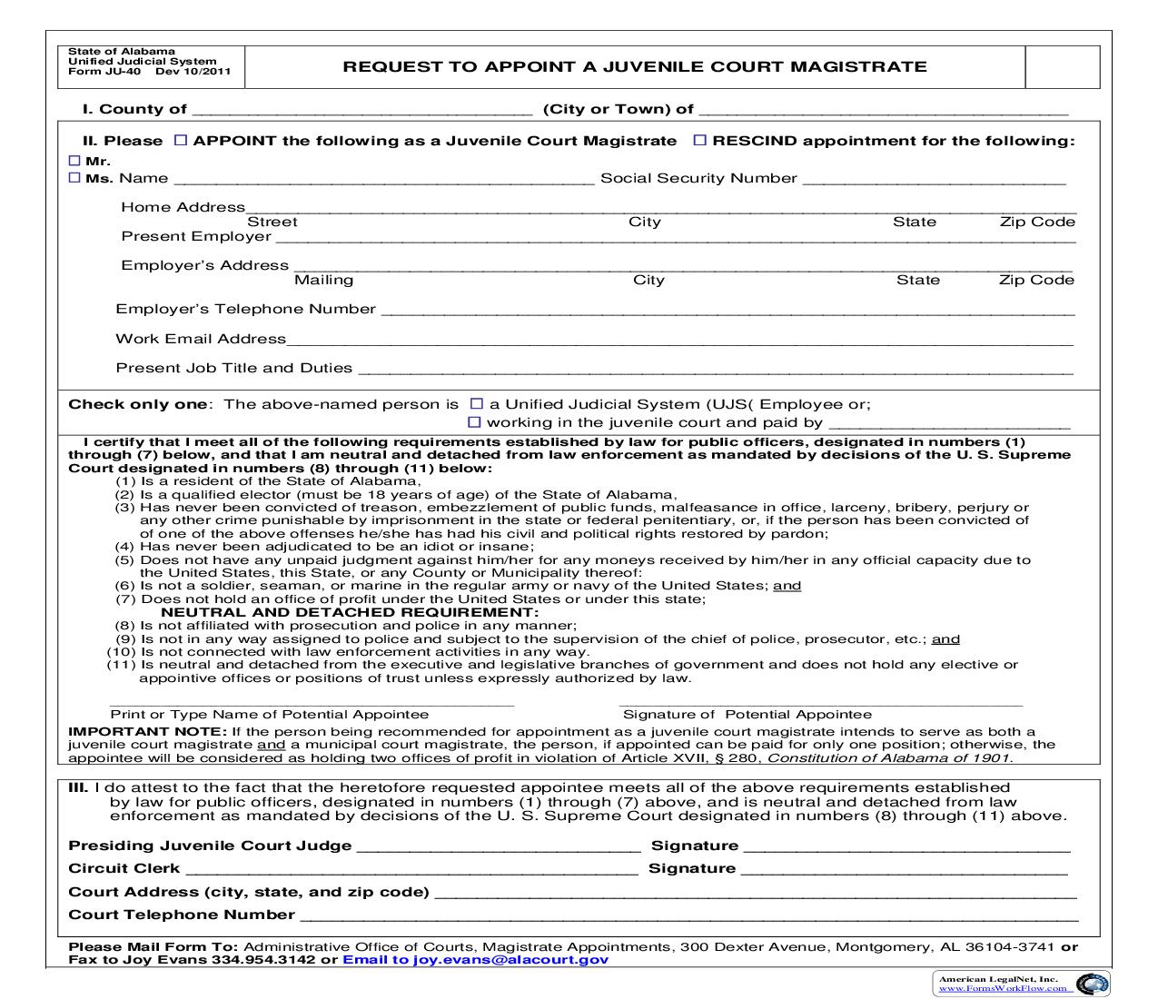 Request To Appoint A Juvenile Court Magistrate {JU-40} | Pdf Fpdf Doc Docx | Alabama