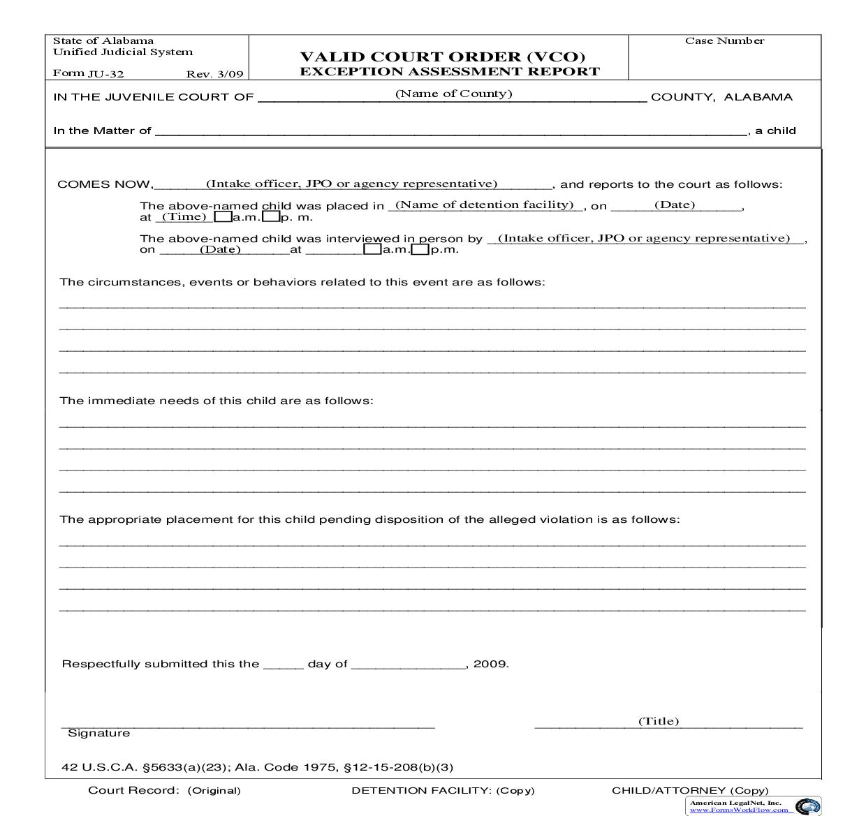 Valid Court Order (VCO) Exception Assesment Request Checklist  {JU-32} | Pdf Fpdf Doc Docx | Alabama