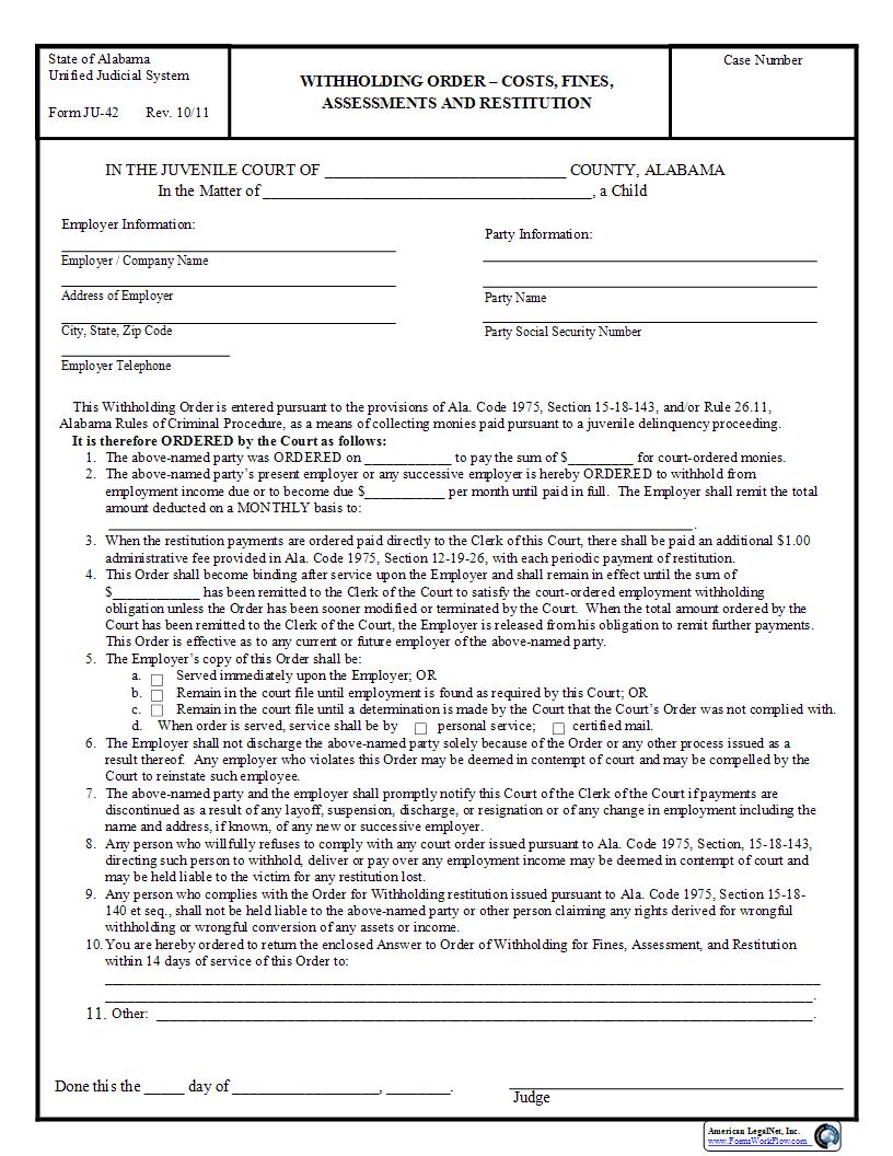 Withholding Order {JU-42} | Pdf Fpdf Docx | Alabama