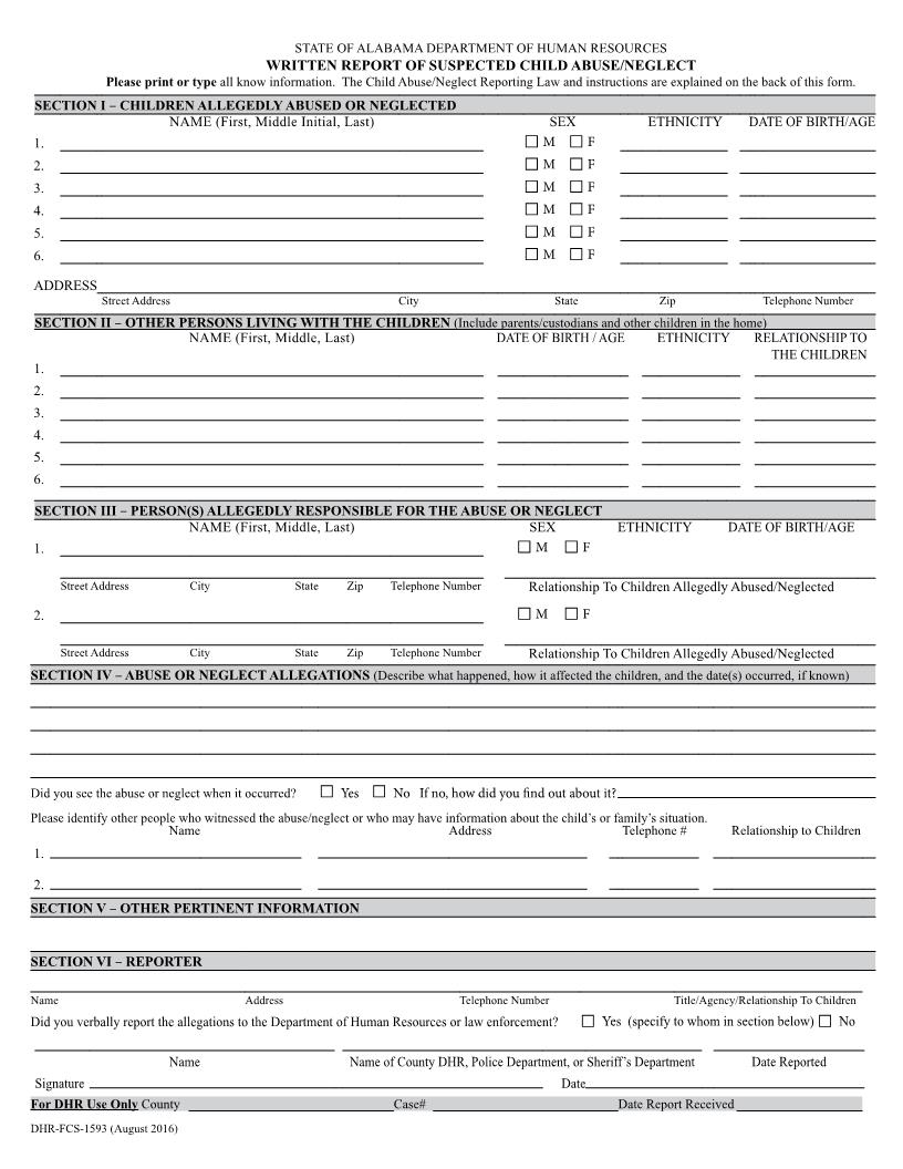Written Report Of Child Abuse Or Neglect | Pdf Fpdf Docx | Alabama