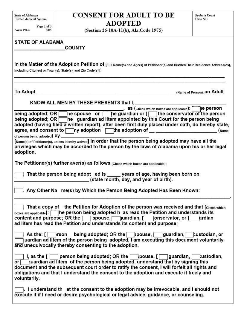 Consent For Adult To Be Adopted {PR-2} | Pdf Fpdf Docx | Alabama