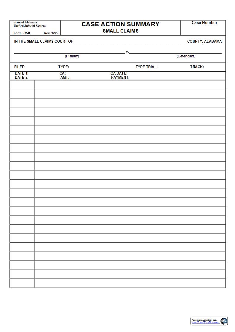 Case Action Summary - Small Claims {SM-08} | Pdf Fpdf Docx | Alabama