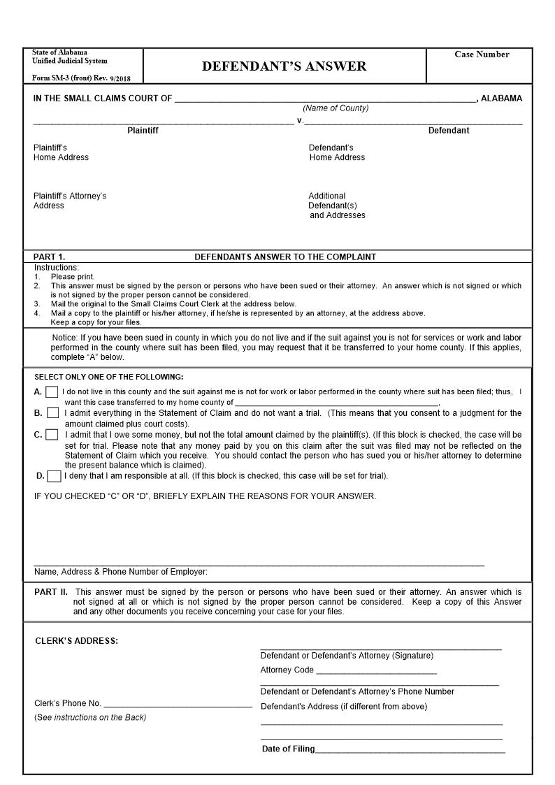 Defendants Answer {SM-03} | Pdf Fpdf Docx | Alabama