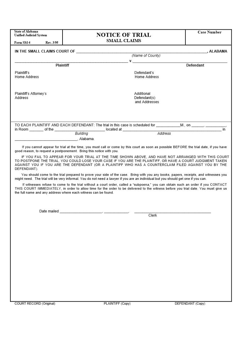 Notice Of Trial (Small Claims) {SM-04} | Pdf Fpdf Docx | Alabama