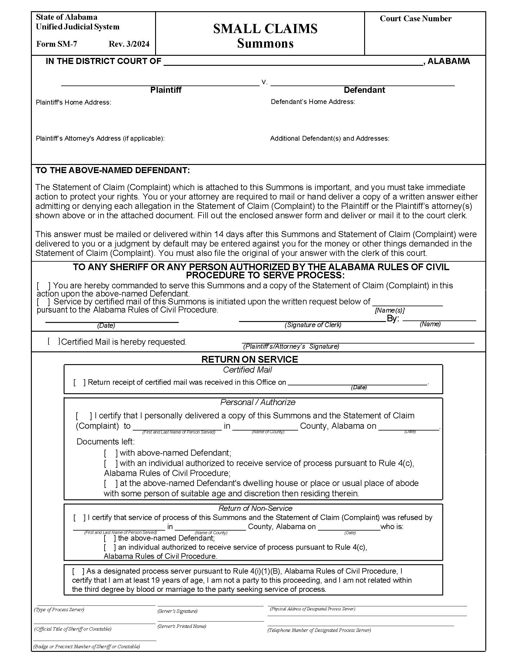 Small Claims - Summons {SM-07} | Pdf Fpdf Docx | Alabama