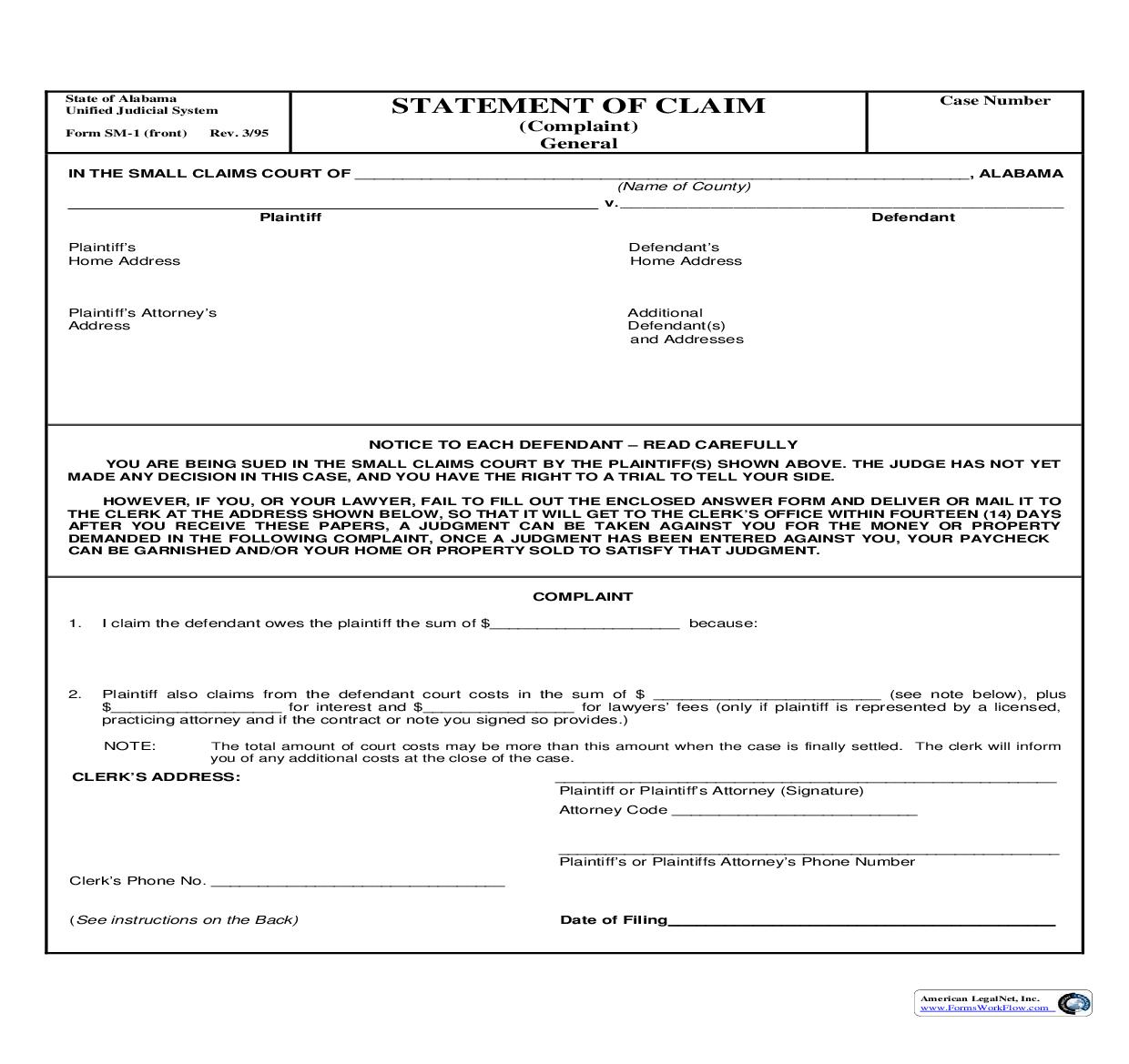 Statement Of Claim (Complaint) - General {SM-01} | Pdf Fpdf Docx | Alabama
