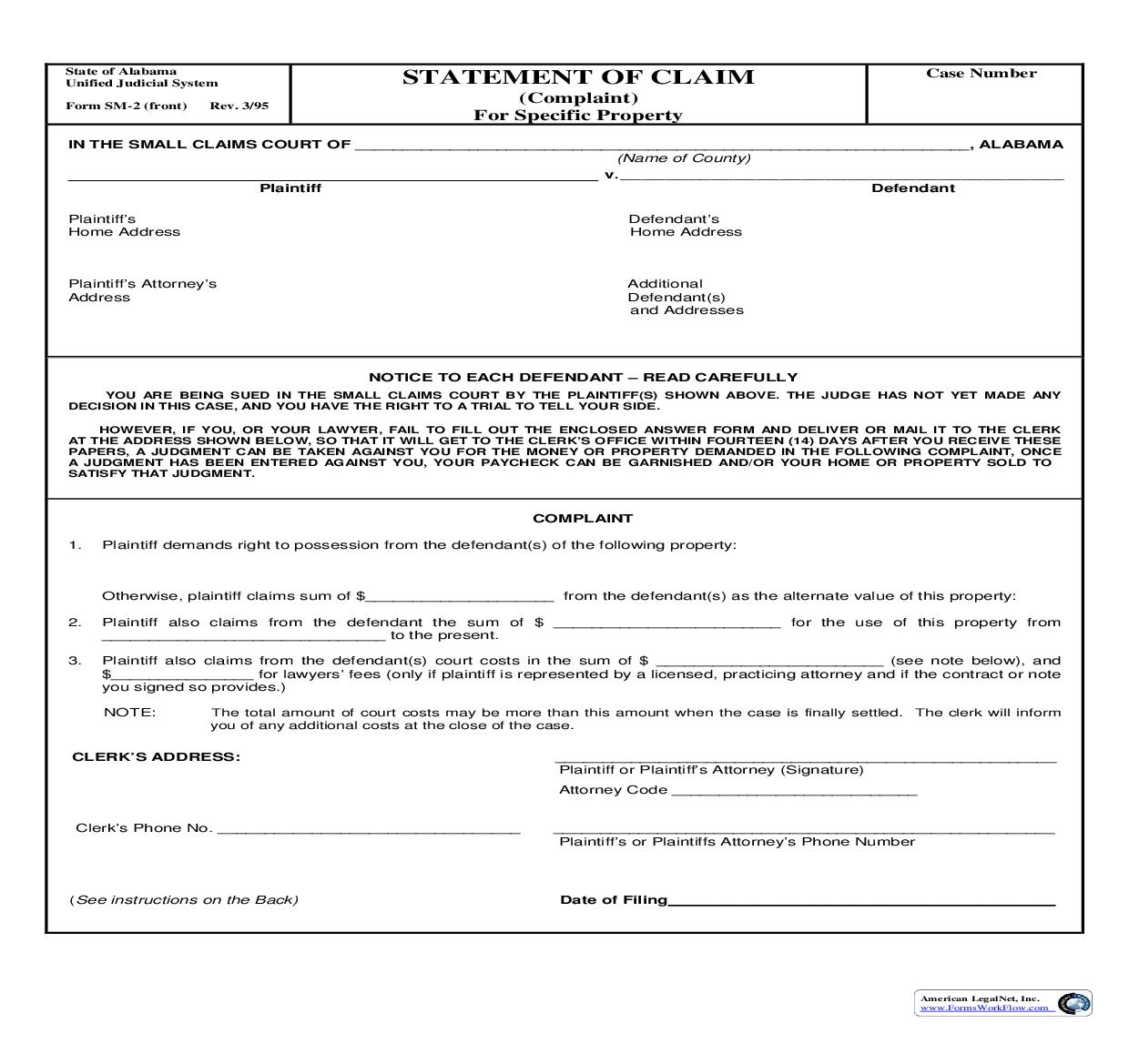 Statement Of Claim (Complaint) For Specific Property {SM-02} | Pdf Fpdf Doc Docx | Alabama