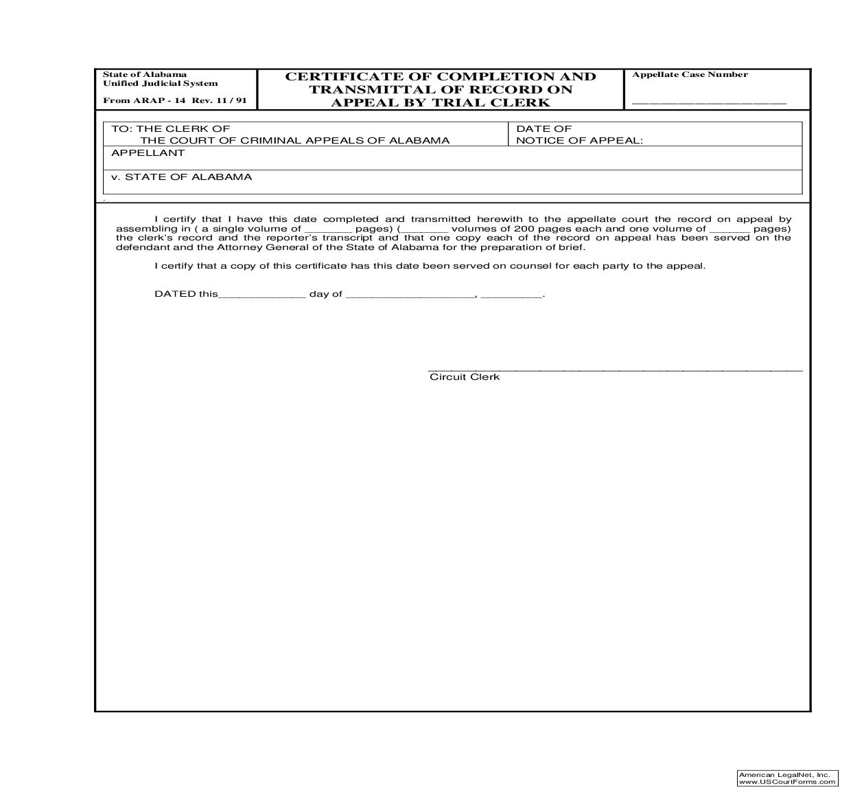 Certificate Of Completion And Transmittal Of Record On Appeal By Trial Court {ARAP-14} | Pdf Fpdf Doc Docx | Alabama