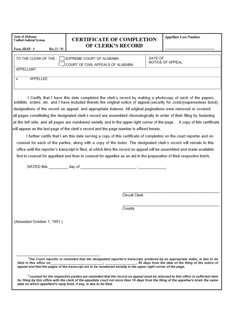 Certificate Of Completion Of Clerks Record {ARAP-04} | Pdf Fpdf Doc Docx | Alabama