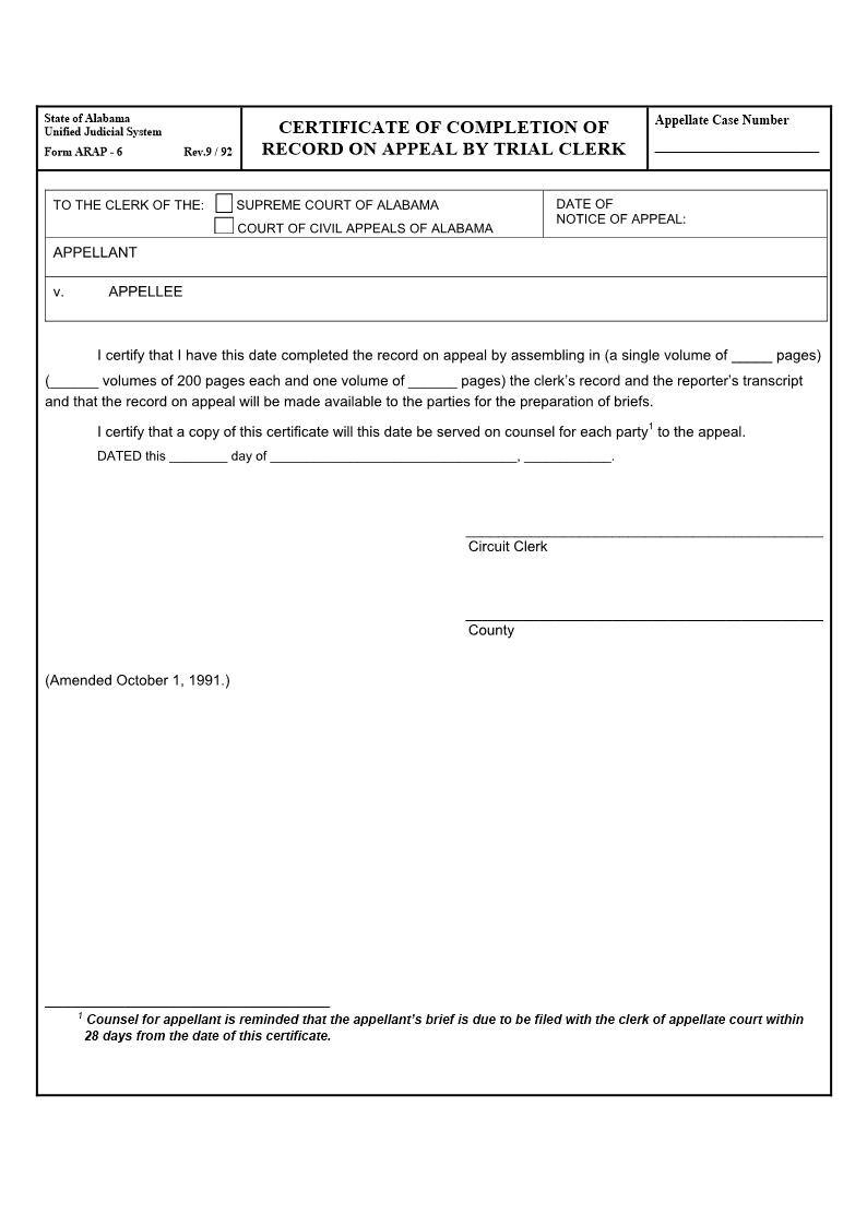 Certificate Of Completion Of Record On Appeal By Trial Clerk {ARAP-06} | Pdf Fpdf Doc Docx | Alabama