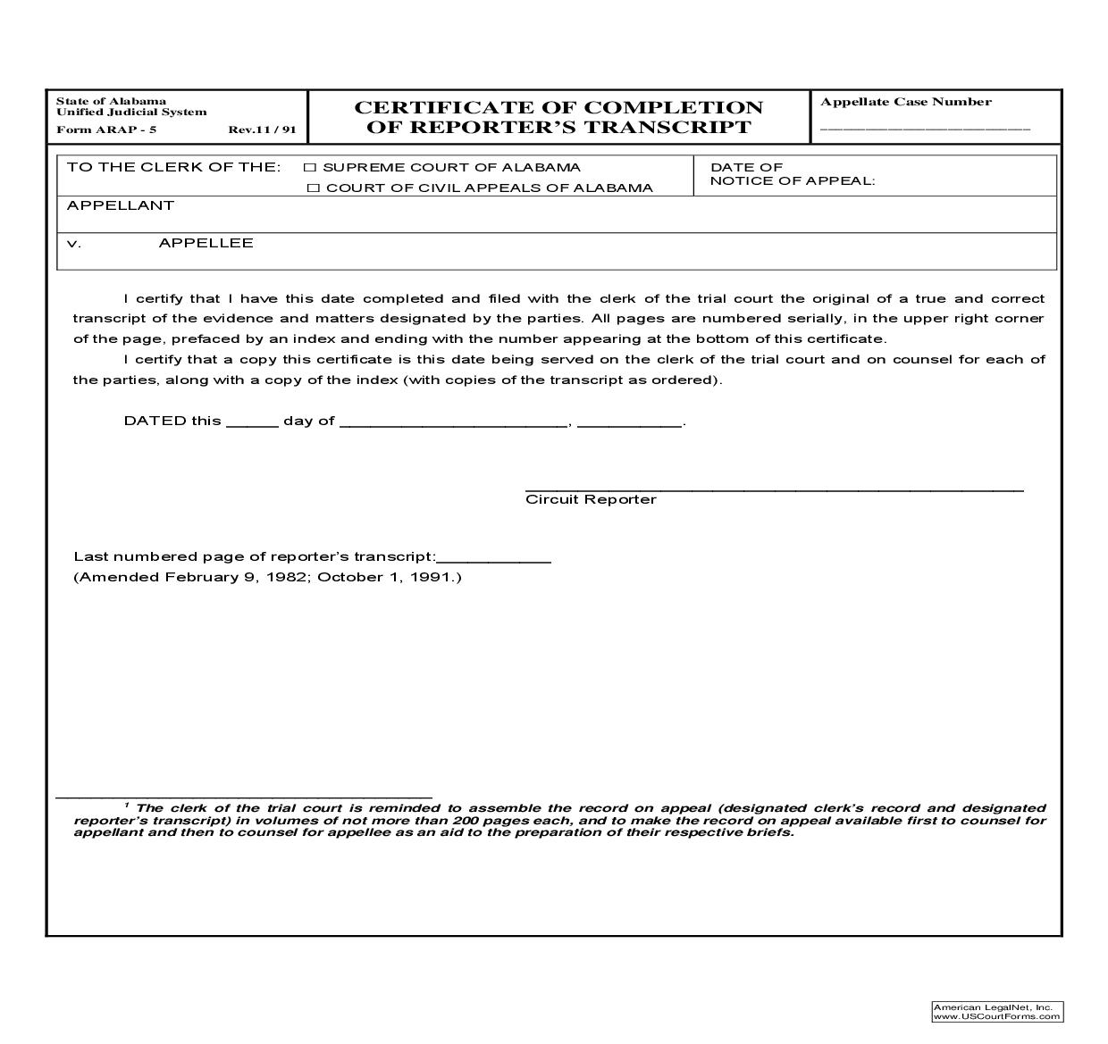 Certificate Of Completion Of Reporters Transcript {ARAP-05} | Pdf Fpdf Doc Docx | Alabama