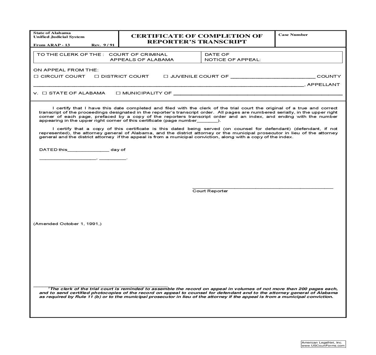 Certificate Of Completion Of Reporters Transcript {ARAP-13} | Pdf Fpdf Doc Docx | Alabama