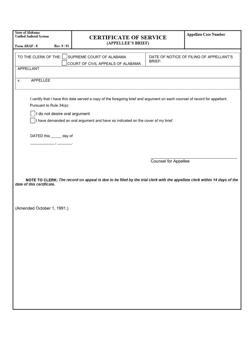 Certificate Of Service (Appellees Brief) {ARAP-08} | Pdf Fpdf Doc Docx | Alabama