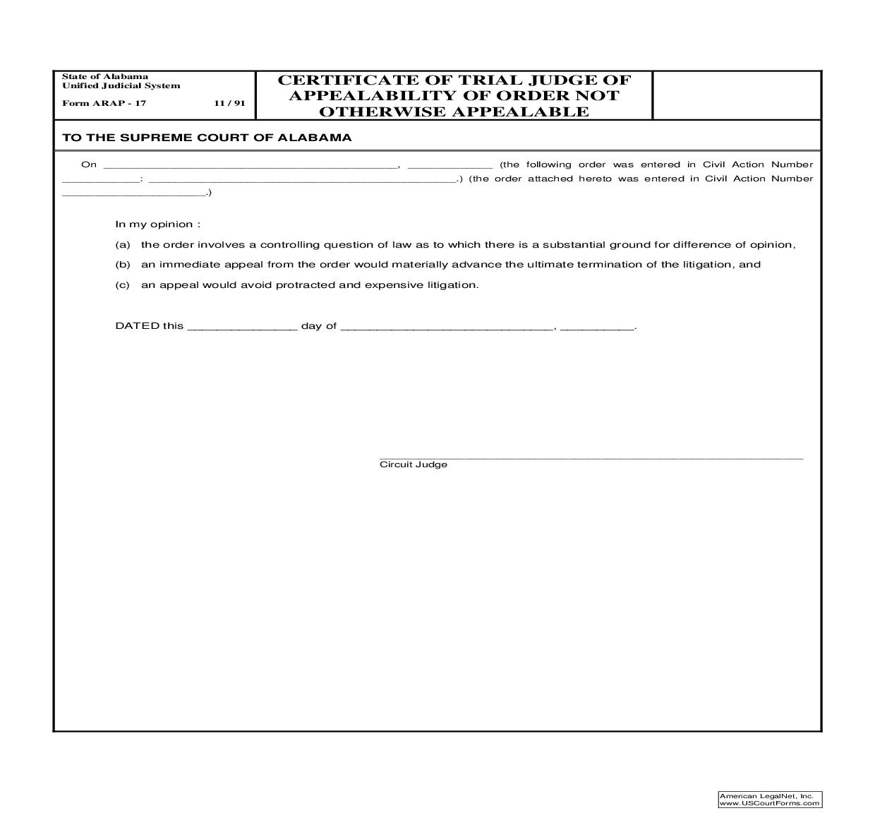 Certificate Of Trial Judge Of Appealability Of Order Not Otherwise Appealable {ARAP-17} | Pdf Fpdf Doc Docx | Alabama