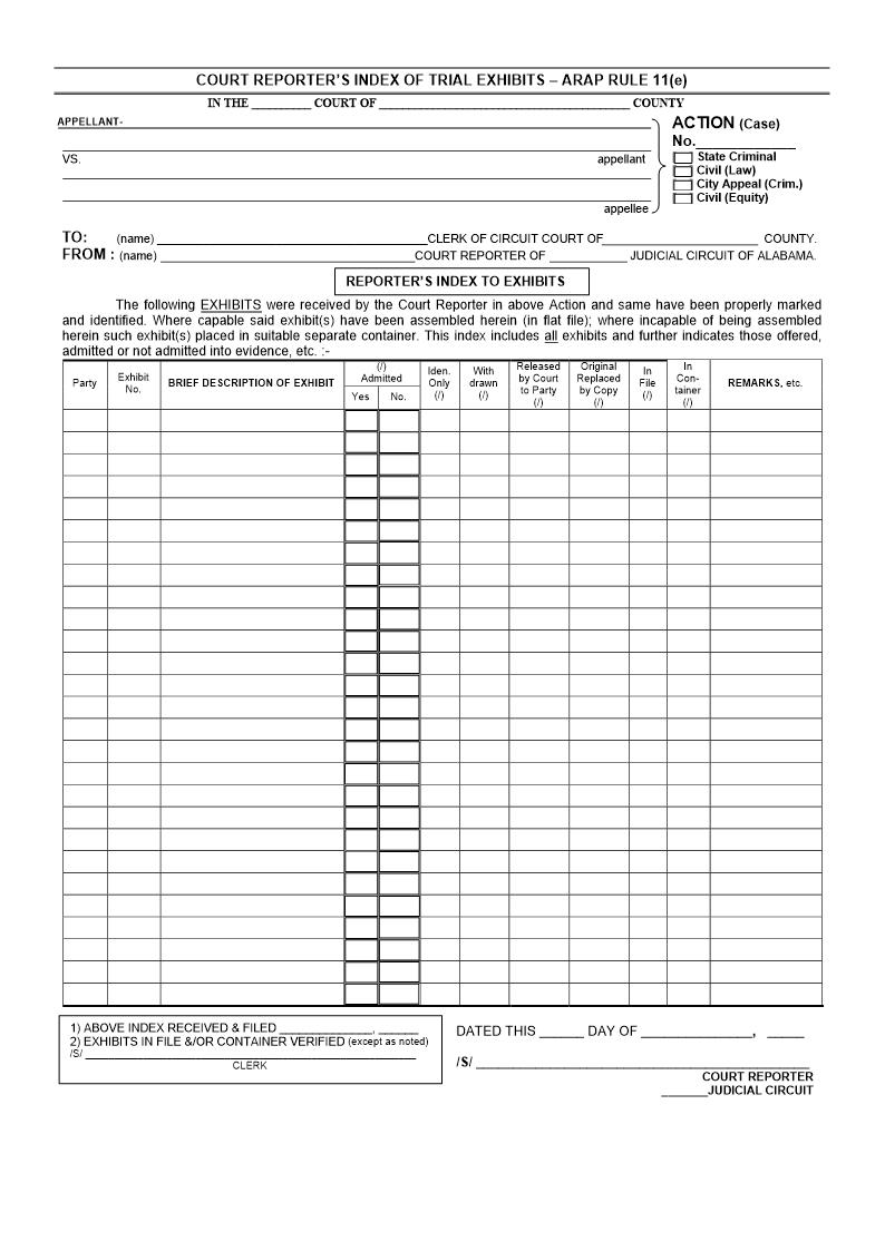 Court Reporters Index Of Trial Exhibits {ARAP 11} | Pdf Fpdf Doc Docx | Alabama