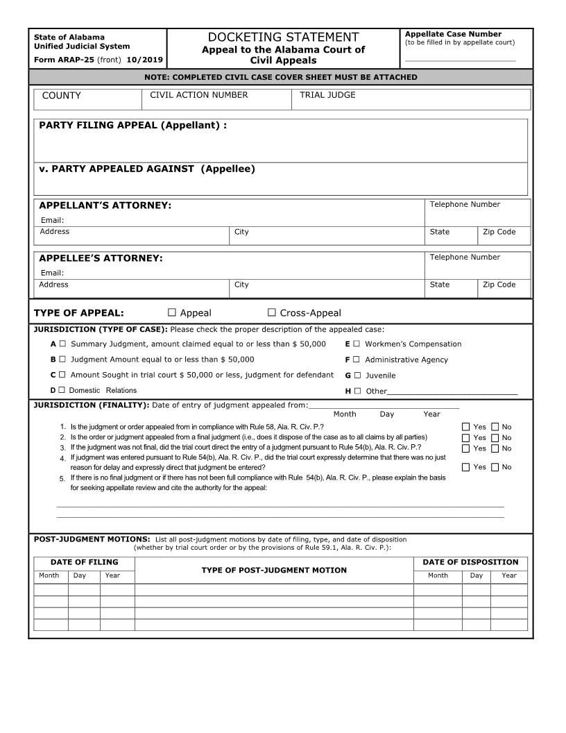 Docketing Statement - Appeal To Court Of Civil Appeals {ARAP-25} | Pdf Fpdf Doc Docx | Alabama