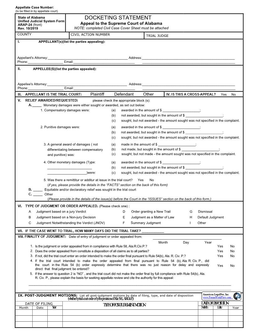 Docketing Statement - Appeal To Supreme Court Of Alabama {ARAP-24} | Pdf Fpdf Doc Docx | Alabama