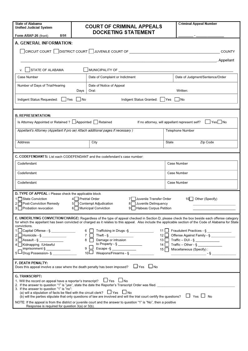 Docketing Statement - Court Of Criinal Appeals {ARAP-26} | Pdf Fpdf Doc Docx | Alabama