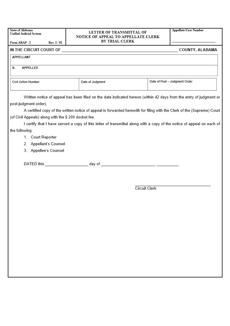 Letter Of Transmittal Of Notice Of Appeal To Appellate Clerk By Trial Clerk {ARAP-02} | Pdf Fpdf Doc Docx | Alabama