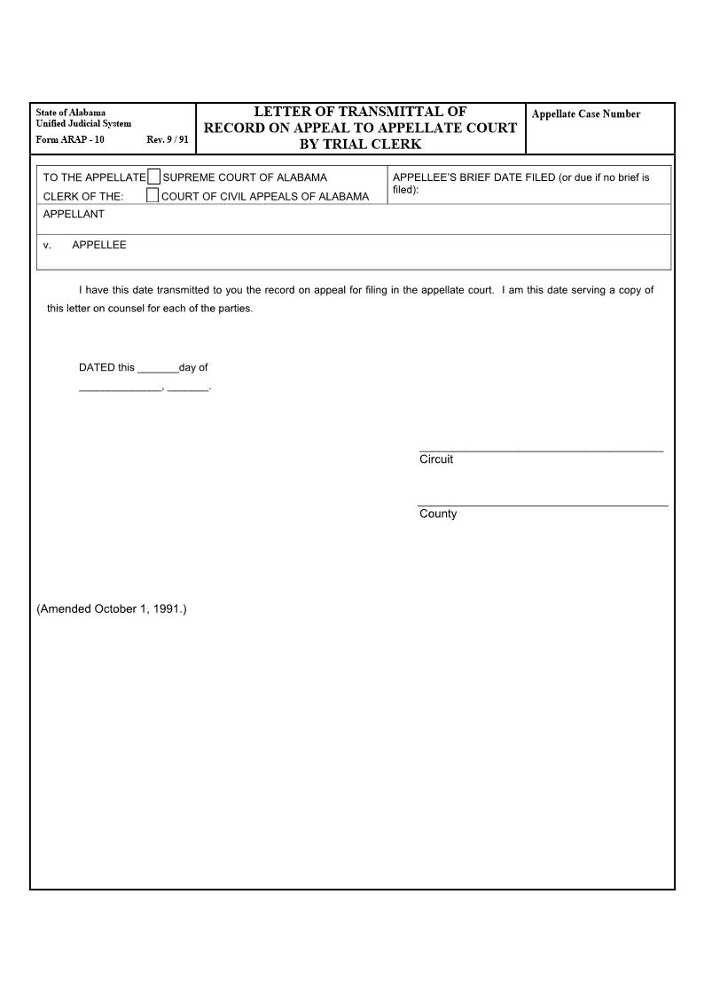 Letter Of Transmittal Of Record On Appeal To Appellate Court By Trial Clerk {ARAP-10} | Pdf Fpdf Doc Docx | Alabama