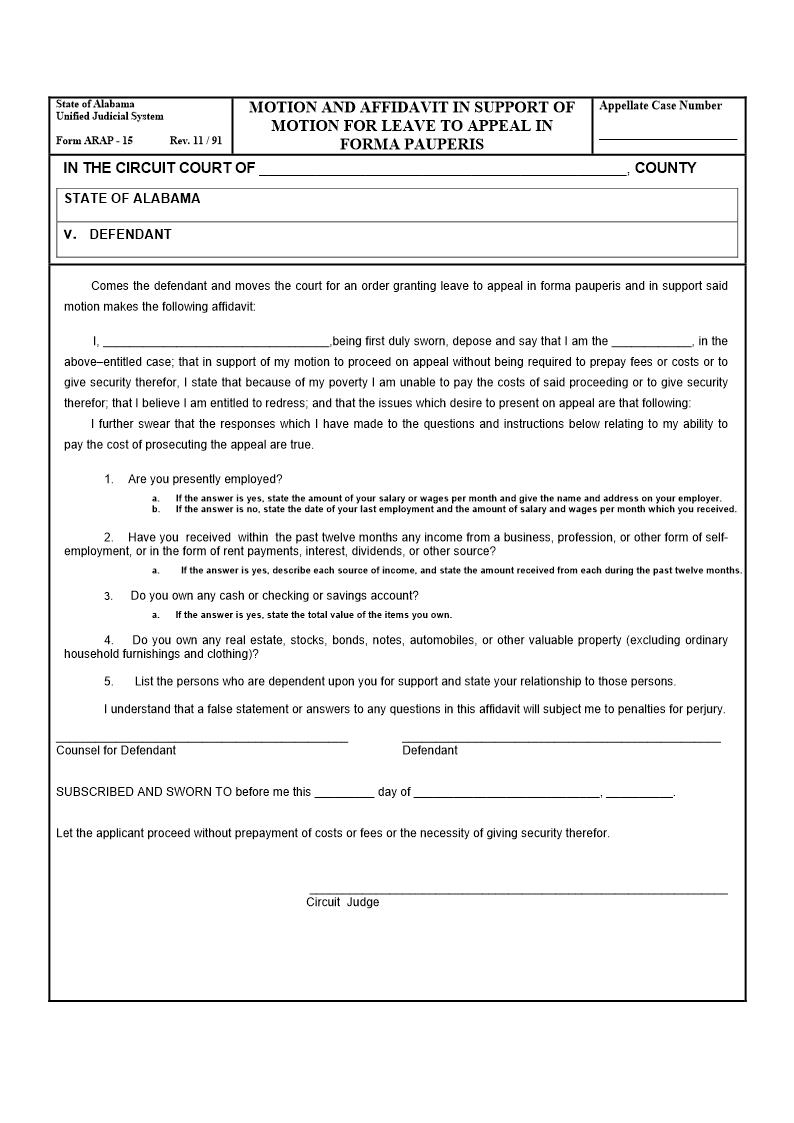 Motion And Affidavit In Support Of Motion For Leave To Appeal In Forma Pauperis {ARAP-15} | Pdf Fpdf Doc Docx | Alabama