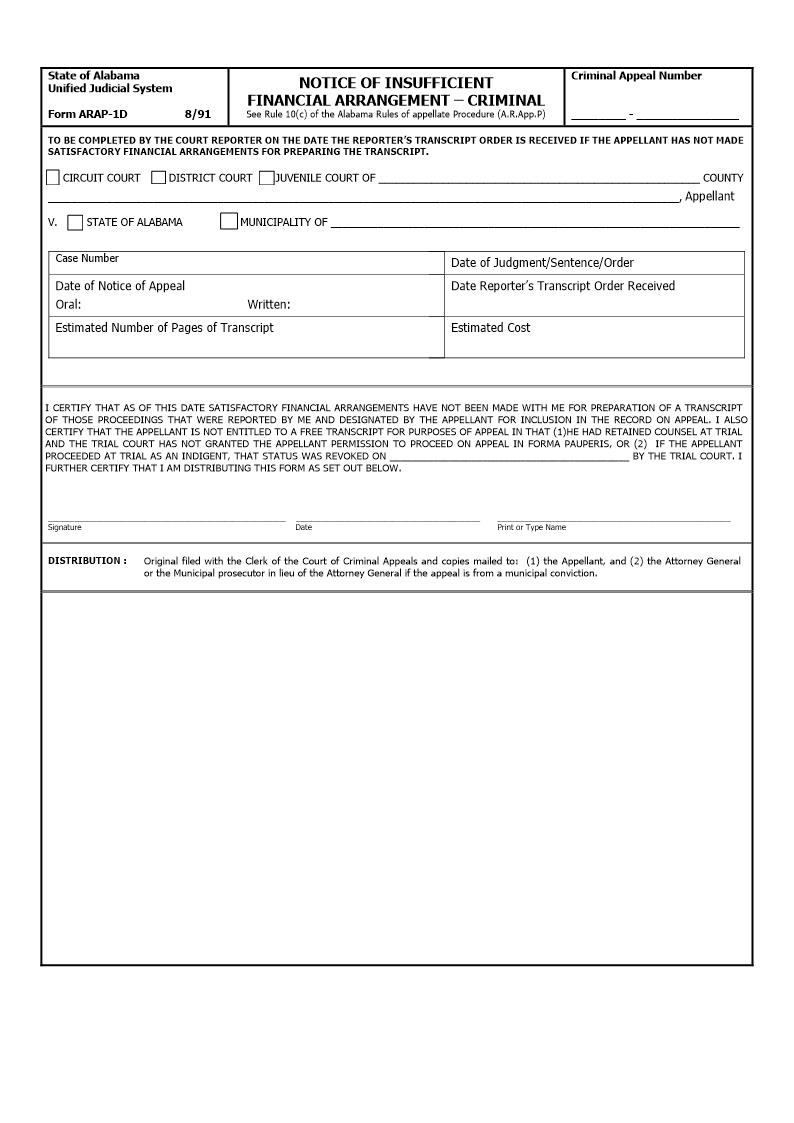 Notice Of Insufficient Financial Arrangement - Criminal {ARAP-1D} | Pdf Fpdf Doc Docx | Alabama