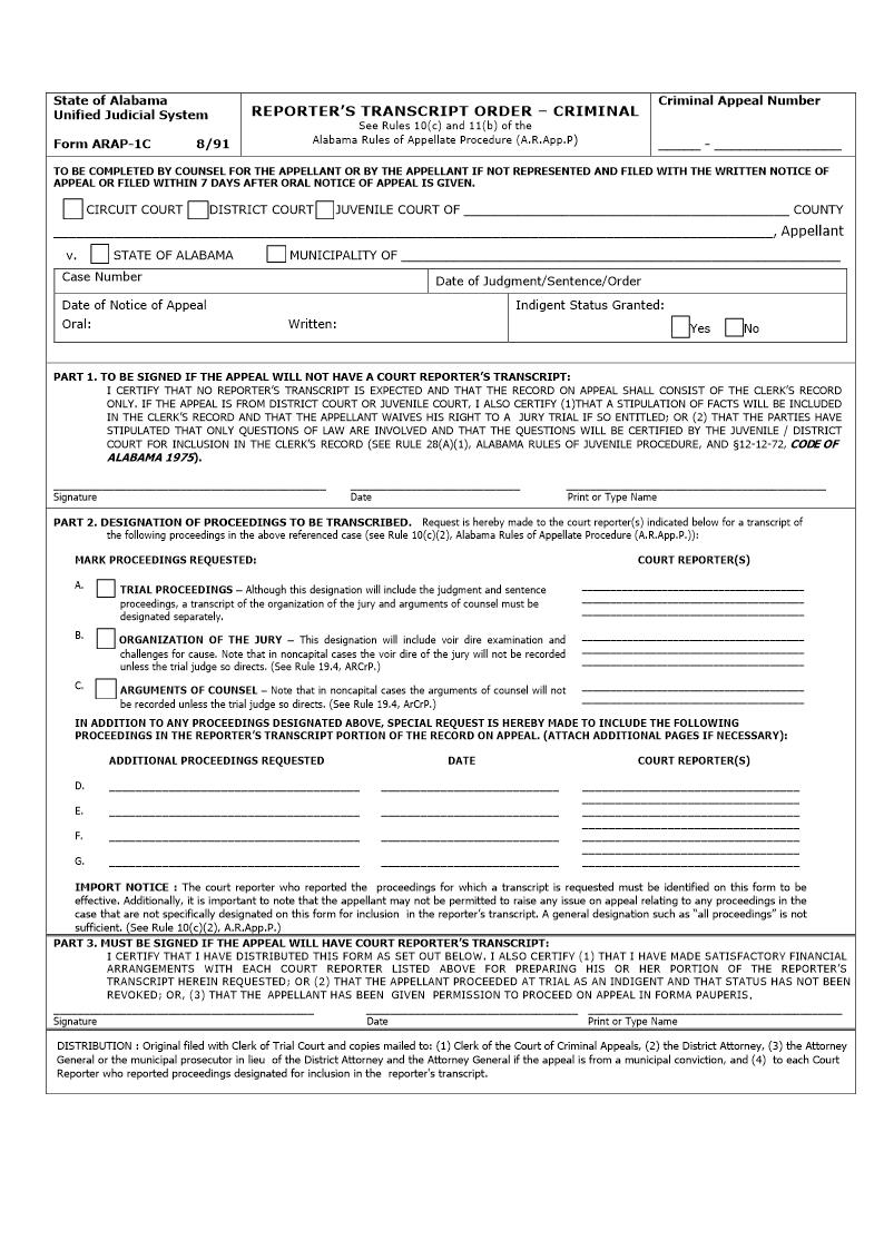 Reporters Transcript Order - Criminal {ARAP-1C} | Pdf Fpdf Doc Docx | Alabama