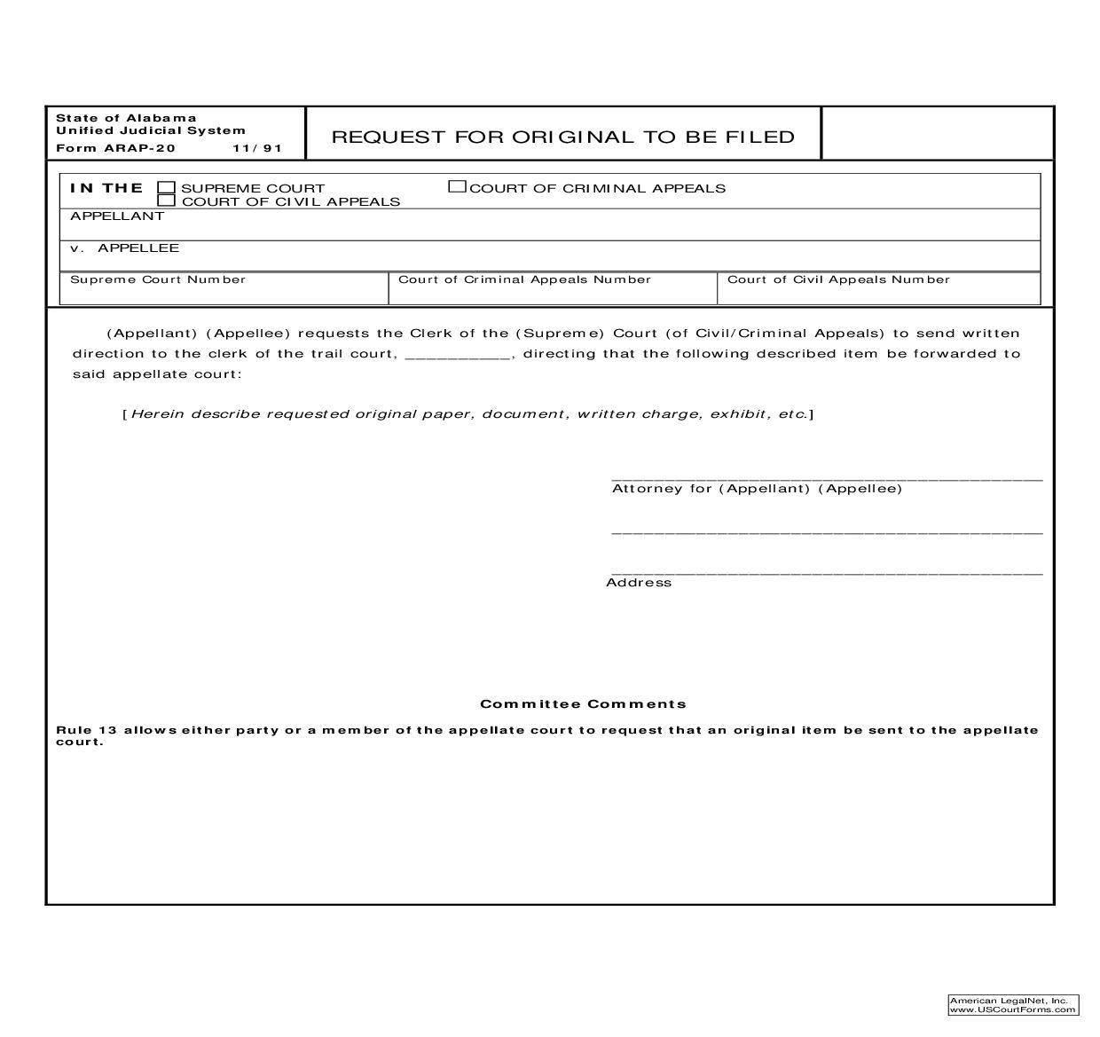 Request For Original To Be Filed {ARAP-20} | Pdf Fpdf Doc Docx | Alabama