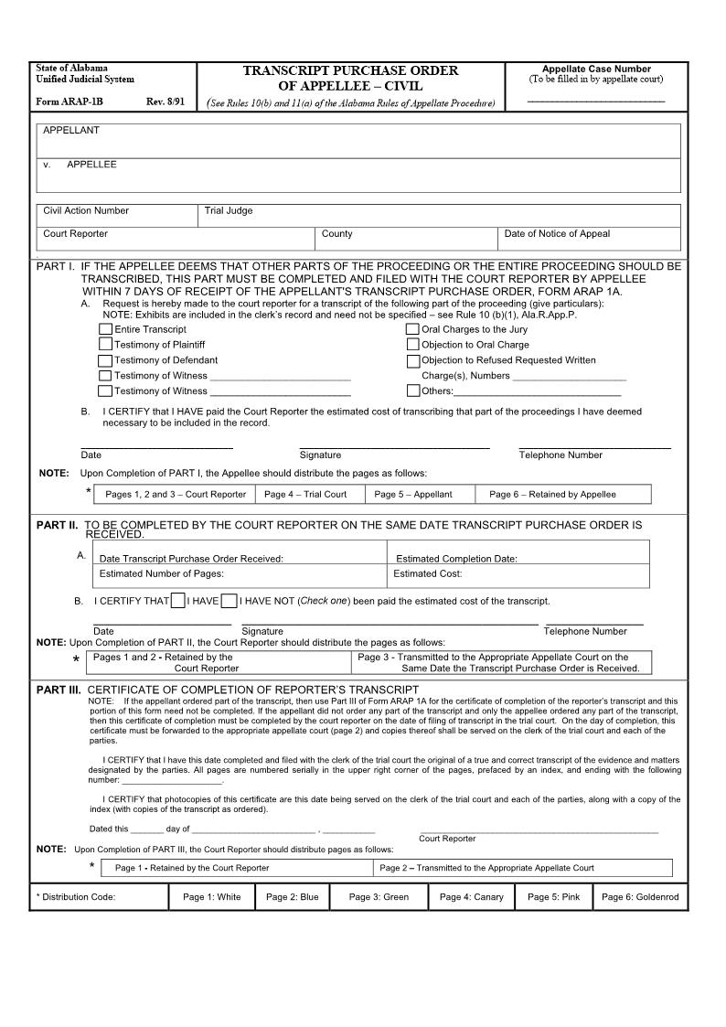 Transcript Purchase Order Of Appellee - Civil {ARAP-1B} | Pdf Fpdf Doc Docx | Alabama