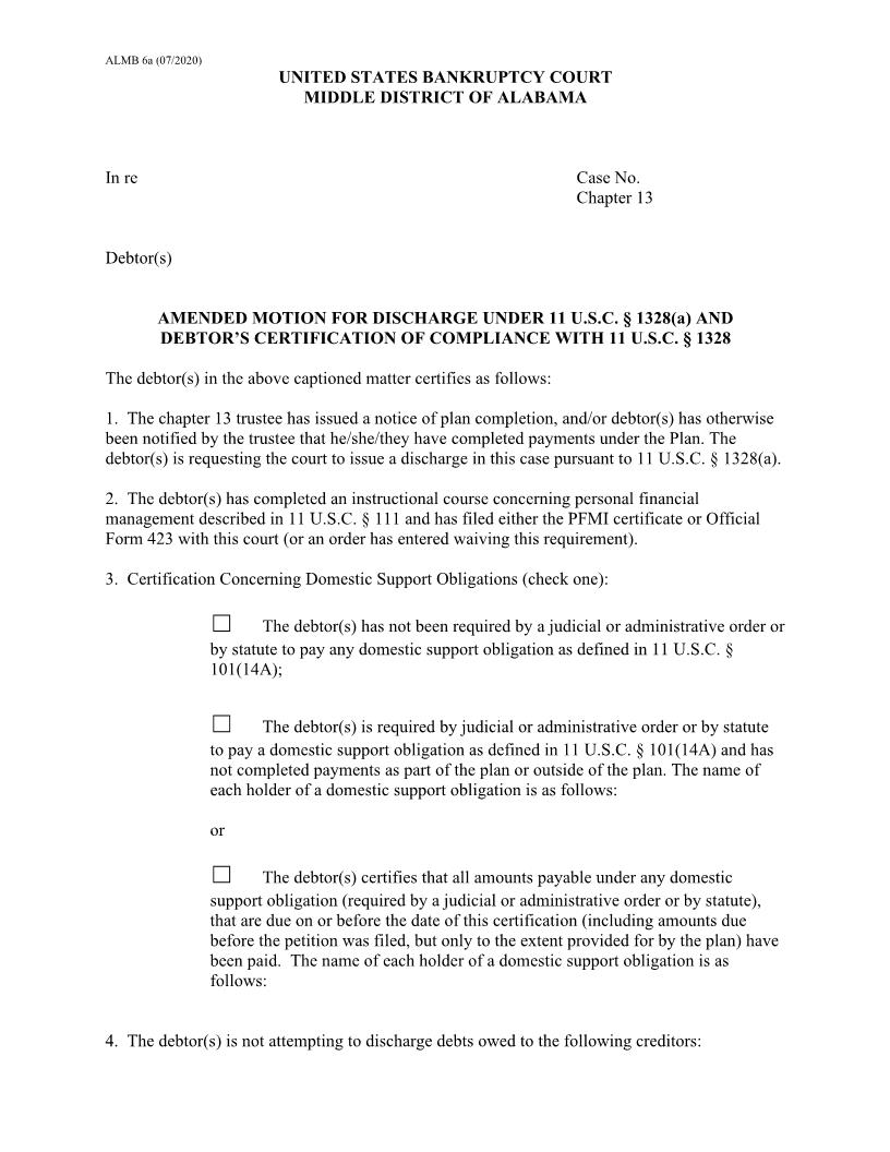 Amended Motion For Discharge CH 13 {6a} | Pdf Fpdf Docx | Alabama