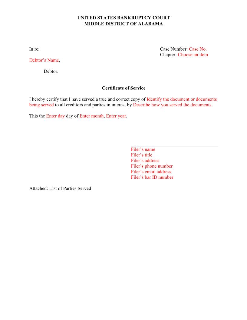 Certificate of Service | Pdf Fpdf Docx | Alabama